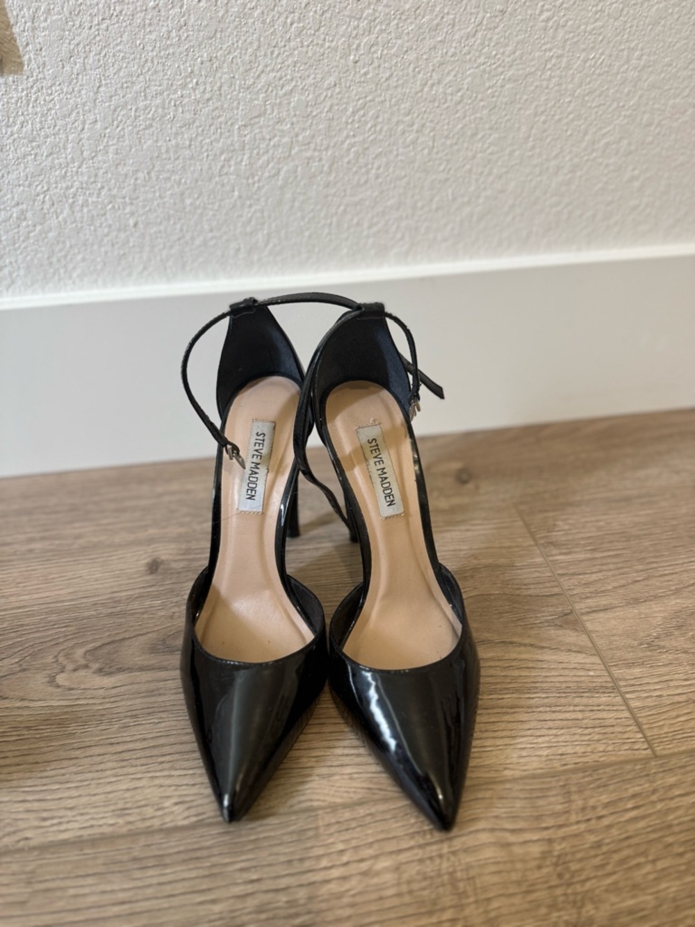 Steve Madden Black Patent Pointed-Toe Ankle-Strap Pumps